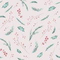 Hand-drawn winter pattern with Merry Christmas branches and berry, fir and pine elements. Hand painted watercolor