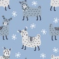 Hand drawn winter seamless pattern of lamas and snowflakes. Perfect for T-shirt, textile and print. Doodle vector illustration for Royalty Free Stock Photo