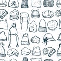 Hand drawn winter women`s hats. Vector pattern