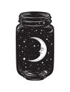 Hand drawn wish jar. Crescent moon and stars in glass jar isolated.