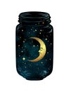 Hand drawn wish jar. Crescent moon and stars in glass jar isolated. Royalty Free Stock Photo