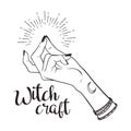 Hand drawn witch hand with snapping finger gesture. Flash tattoo, blackwork, sticker, patch or print design vector illustration