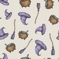 Hand Drawn Witch Hat, Broom and Cauldron Vector Seamless Background Pattern. Halloween Celebration Greeting Sketches