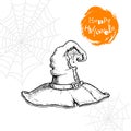 Hand drawn witch hat with spiderweb and spider. Halloween party poster and invitation design element. Magic symbol on whi Royalty Free Stock Photo