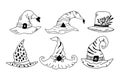 Hand drawn witch magic hat set in doodle style. Halloween vector illustration for card design and fall decoration. Wizard hat line