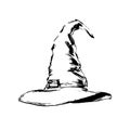 Hand drawn wizard or witch hat sketch illustration. Vector black ink drawing isolated on white background. Grunge style
