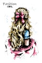 Hand drawn woman back with long blond hair. Cute hairstyle with bow. Fashion woman hairstyle.