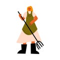 Woman farmer in boots standing and holding pitchfork vector illustration