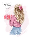 Hand drawn woman holding Christmas gift. Female back with blonde curly long hair. Woman hairstyle with bow.