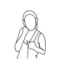 Hand Drawn Woman Listen To Music With Headphones Dancing Girl In Earphones Doodle