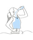 Hand drawn woman in one line style in sportswear drinks water. Compliance with drinking regime. Water balance as a Royalty Free Stock Photo