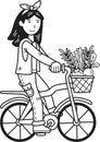 Hand Drawn woman riding a bicycle with vegetables and fruits in a basket illustration Royalty Free Stock Photo