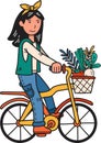 Hand Drawn woman riding a bicycle with vegetables and fruits in a basket illustration Royalty Free Stock Photo