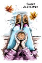 Hand drawn woman sitting and holding coffee cup. Stylish set with woman body, coffee cup and autumn leaves.