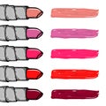 Hand drawn women lipstick chart palette. Shine and glossy lipstick. Fashion and beauty trend.