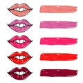 Hand drawn women lipstick chart palette. Shine and glossy lipstick. Fashion and beauty trend.