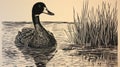 Hand Drawn Woodblock Illustration Of A Goose On The Water Royalty Free Stock Photo