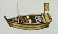 Hand drawn wooden boat filled with sushi