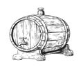 Hand drawn wooden keg with beer. Round cask with faucet and plug. Liquid storage for pub and brewery or winery