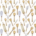 Hand drawn Wooden Kitchen tools seamless pattern. Accessories for baking watercolor fabric texture illustration. Cooking Royalty Free Stock Photo