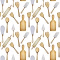 Hand drawn Wooden Kitchen tools seamless pattern. Accessories for baking watercolor fabric texture illustration. Cooking Royalty Free Stock Photo