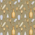 Hand drawn Wooden Kitchen tools seamless pattern. Accessories for baking watercolor fabric texture illustration. Cooking Royalty Free Stock Photo