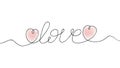 Hand drawn word Love with heart symbols. Continuous line. Romantic line art drawing.