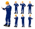 Worker with a helmet wearing blue work overalls with safety band. Different poses. Vector illustration set isolated on white Royalty Free Stock Photo