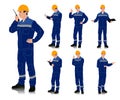 Worker with a helmet wearing blue work overalls with safety band. Different poses. Vector illustration set isolated on white Royalty Free Stock Photo