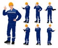 Worker with a helmet wearing blue work overalls with safety band. Different poses. Vector illustration set isolated on white Royalty Free Stock Photo