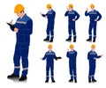 Worker with a helmet wearing blue work overalls with safety band. Different poses. Vector illustration set isolated on white Royalty Free Stock Photo