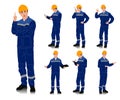 Worker with a helmet wearing blue work overalls with safety band. Different poses. Vector illustration set isolated on white Royalty Free Stock Photo