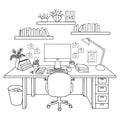 Hand drawn working room isolated on white background for design element and coloring book page. Vector illustration.