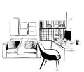 Hand drawn workplace. Furniture sketch. Office at home. Freelance