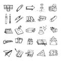 Hand drawn workplace with stationery set doodle icon. Hand drawn Royalty Free Stock Photo