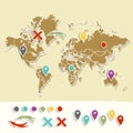 Hand drawn world map with pins and arrows vector Royalty Free Stock Photo