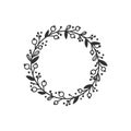 Hand drawn wreath for design use. Black Vector doodle flowers on white background. Abstract pencil boho drawing branch circle. Royalty Free Stock Photo