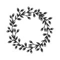 Hand drawn wreath for design use. Black Vector doodle flowers on white background. Abstract pencil boho drawing branch circle. Royalty Free Stock Photo