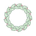 Hand drawn wreath with leaves and berries, colored sketch illustration.