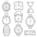 Hand drawn wristwatch, doodle sketch watches, alarm clocks and timepiece vector set Royalty Free Stock Photo
