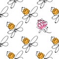 Hand drawn yellow bees and pink flowers clover on white background vector seamless pattern Royalty Free Stock Photo