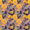 Hand drawn yellow blooming exotic flowers seamless pattern. Botanical floral and leaves background. Vector print, texture on Royalty Free Stock Photo