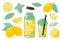 Hand drawn yellow lemon. Summer cold lemonade with slices of lemon bottle glass and straw. Vector doodle set of lemons