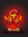Hand drawn Yoga Fiery red Rooster sits in lotus pose