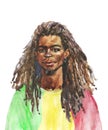 Hand drawn young African man, rastaman on white background. Watercolor realistic portrait.