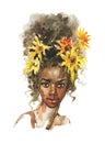 Watercolor fashion portrait. Hand drawn young African woman with flowers on white background. Royalty Free Stock Photo
