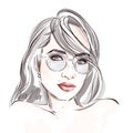 Hand-drawn young beautiful brunette girl in sunglasses. Fashion illustration of a stylish look.
