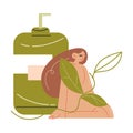 Naked woman in herbs sitting near bottle with natural organic cosmetics