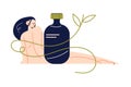 Naked woman lying and looking at big bottle with natural organic cosmetics