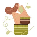 Naked woman sitting on natural organic cosmetics for skincare and bodycare